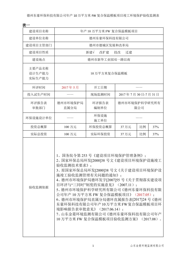 竣工环境保护验收报告：年产10万平方米fw复合保温模板项目监测调查报告