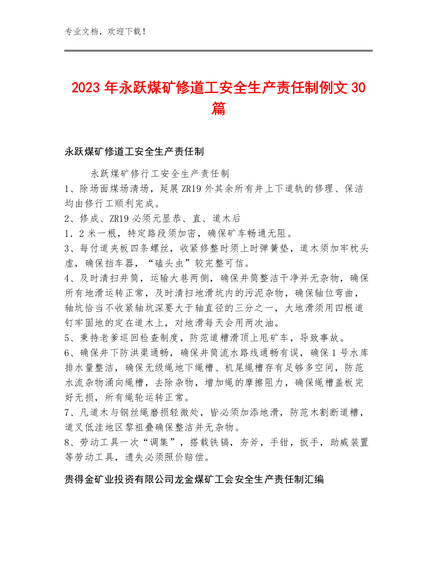 2023年永跃煤矿修道工安全生产责任制例文30篇