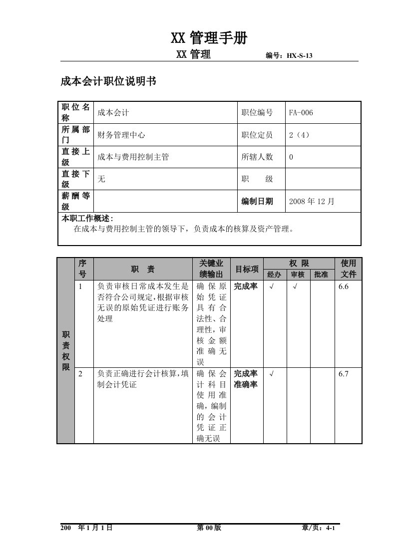 某航空物流公司成本会计职位说明书及关键绩效标准