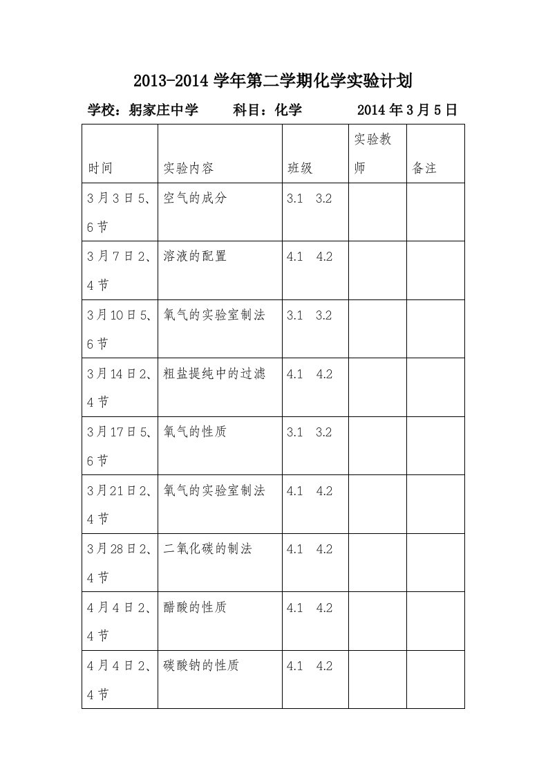 躬家庄化学第二学期实验教学进度表