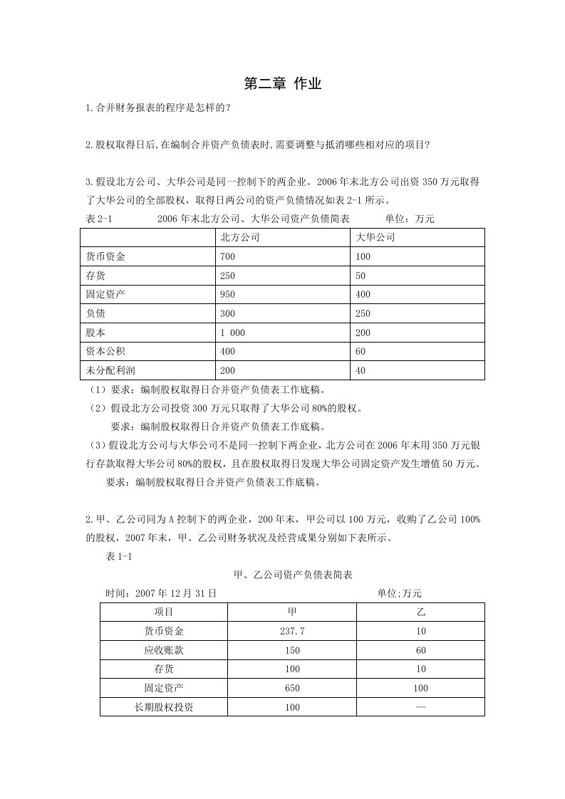 合并报表作业