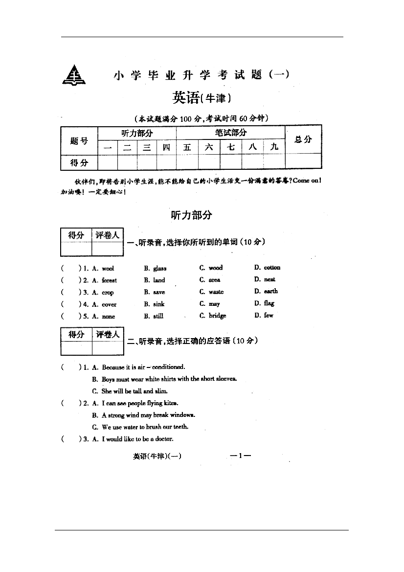 小学毕业升学考试试题英语