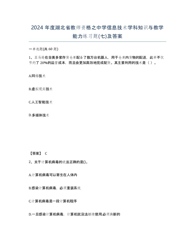 2024年度湖北省教师资格之中学信息技术学科知识与教学能力练习题七及答案