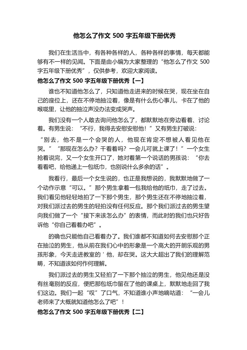 他怎么了作文500字五年级下册优秀