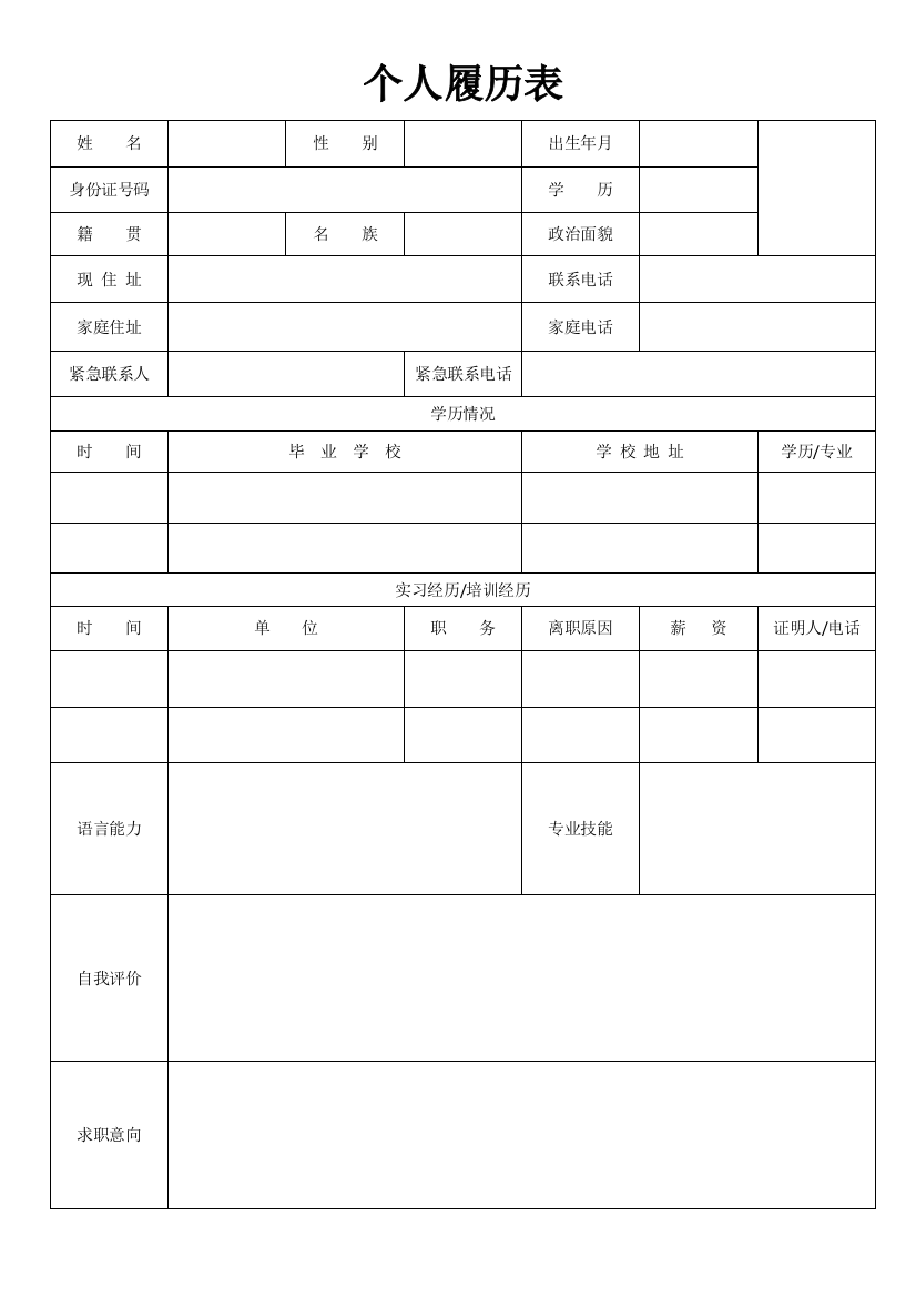 (完整版)个人履历表