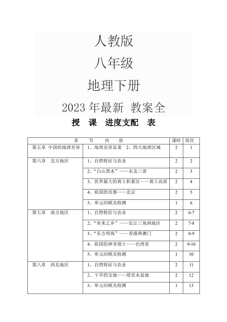 2023年-人教版-八年级下册地理-教案全册