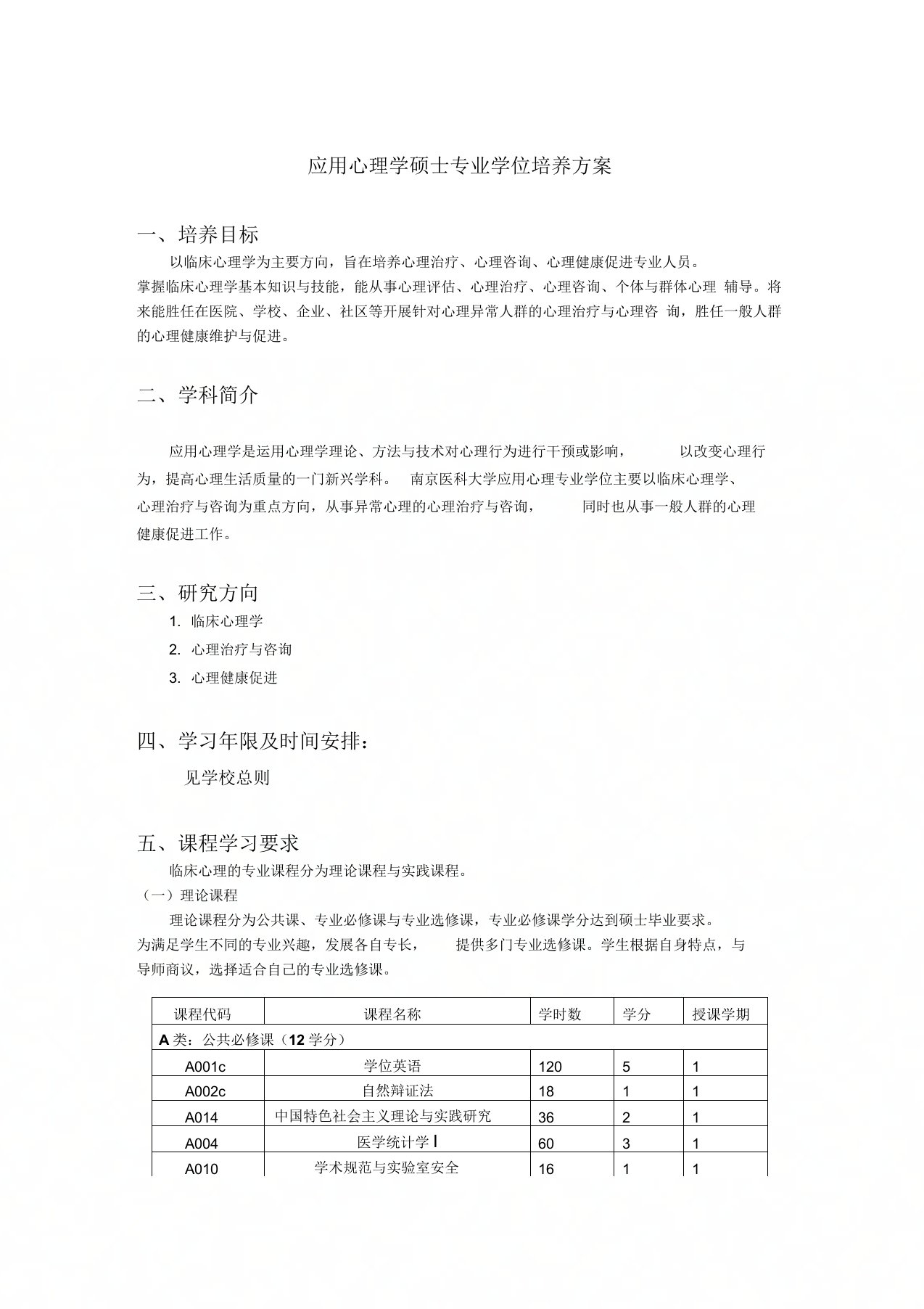 应用心理学硕士专业学位培养方案