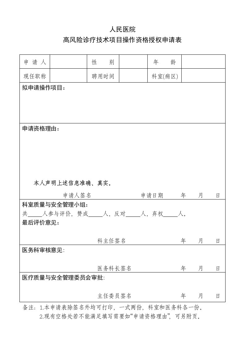 高风险诊疗技术项目操作资格授权申请表