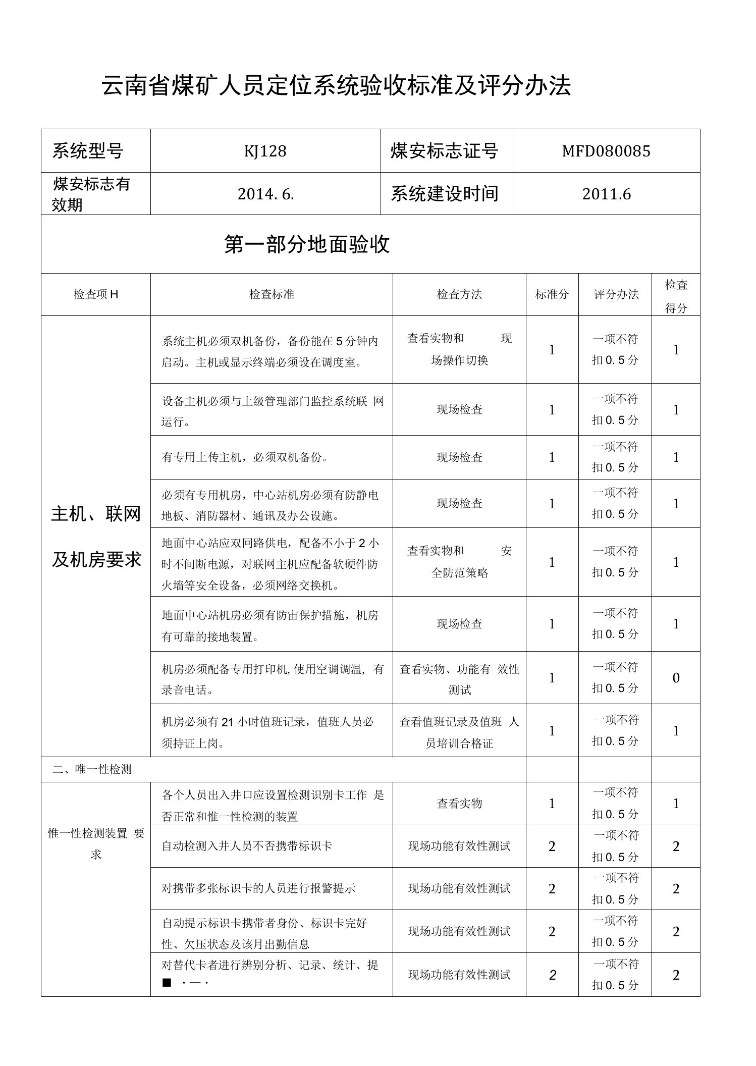 云南省煤矿人员定位系统验收标准及评分办法