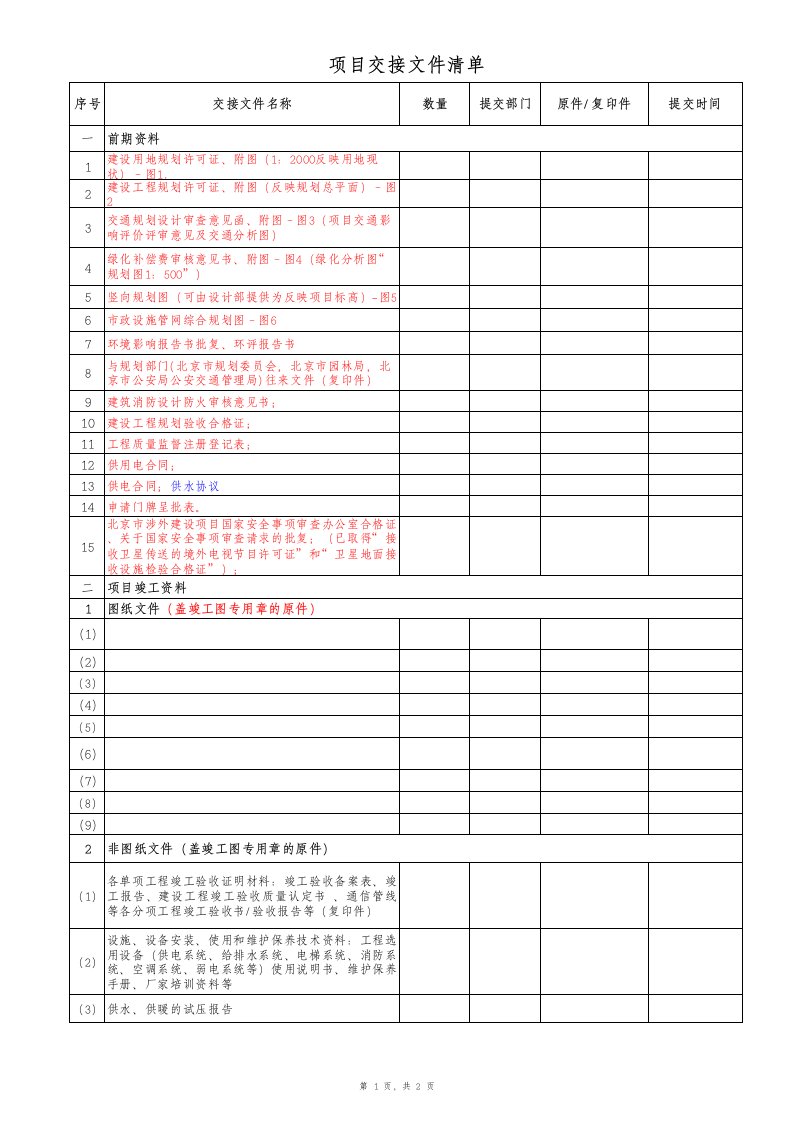 项目交接文件清单