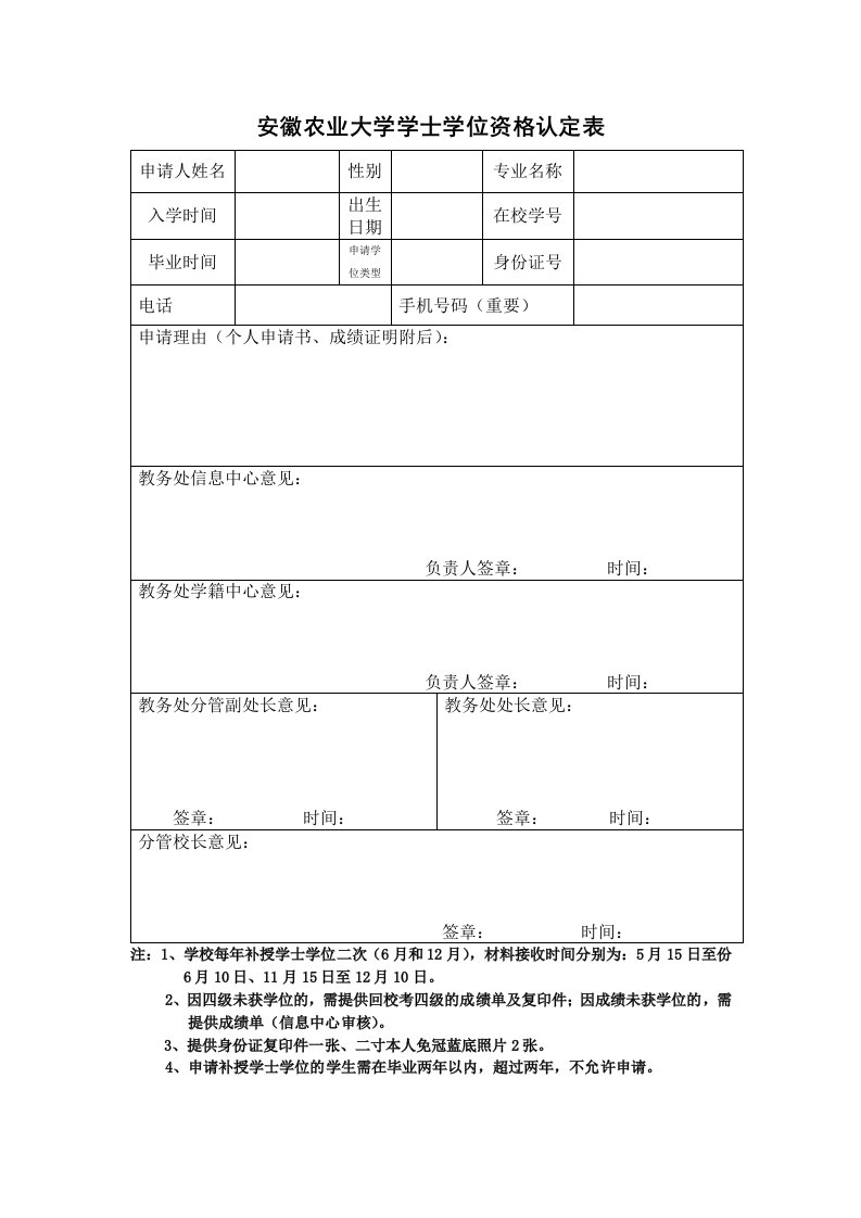 安徽农业大学学士学位资格认定表