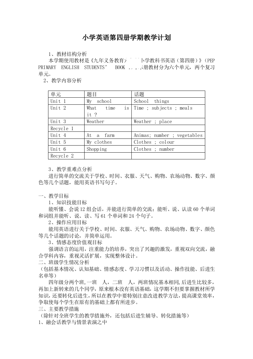 2014年pep新版四年级下册英语教案全册加教学反思