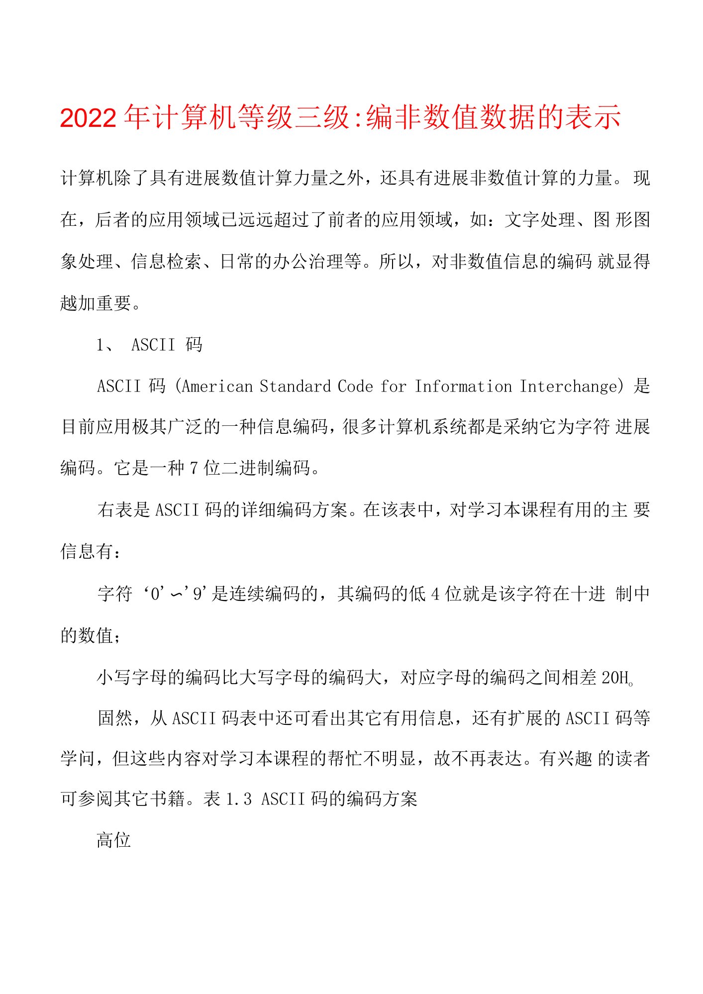 2022年计算机等级三级-编非数值数据的表示