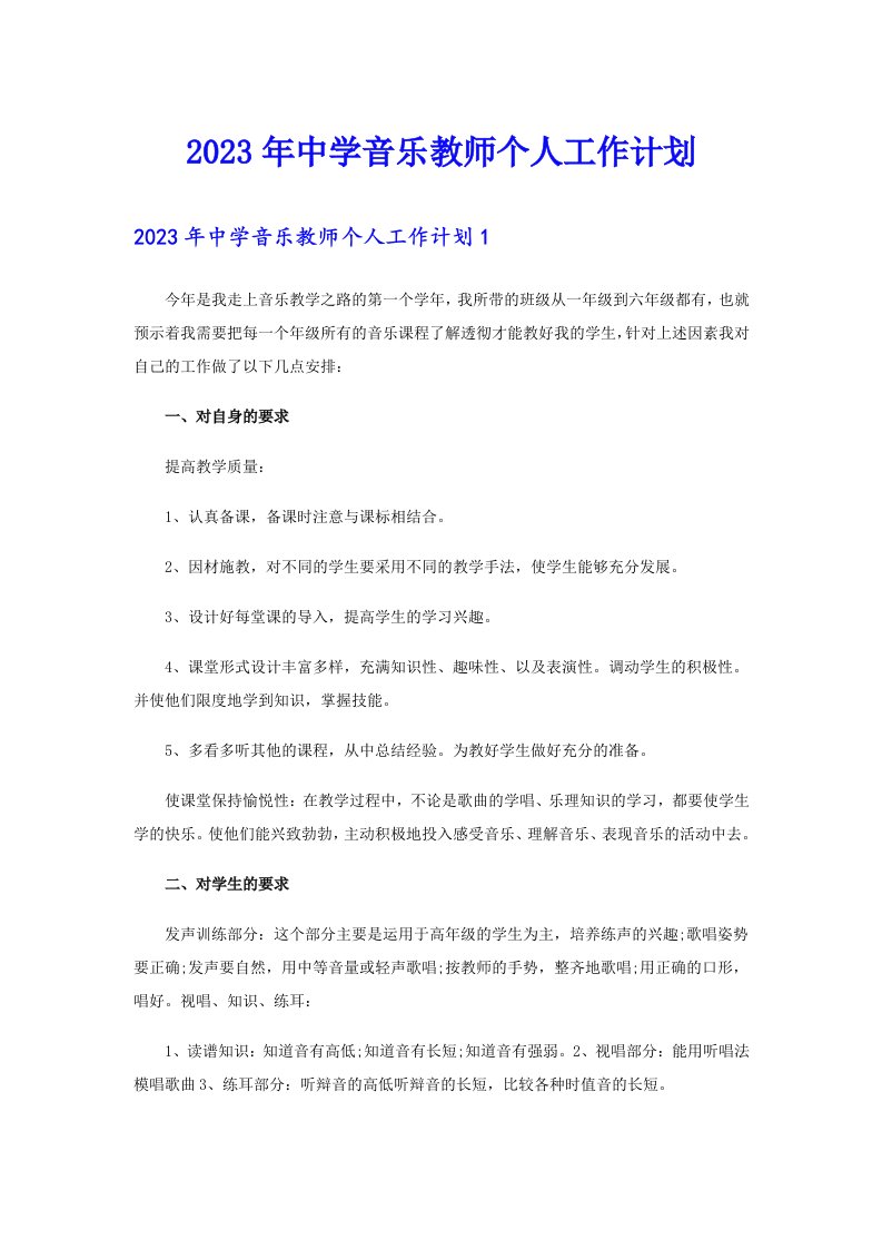 2023年中学音乐教师个人工作计划