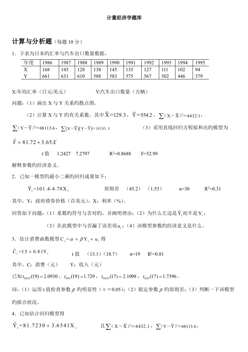 2022年计量经济学题库超完整版及答案