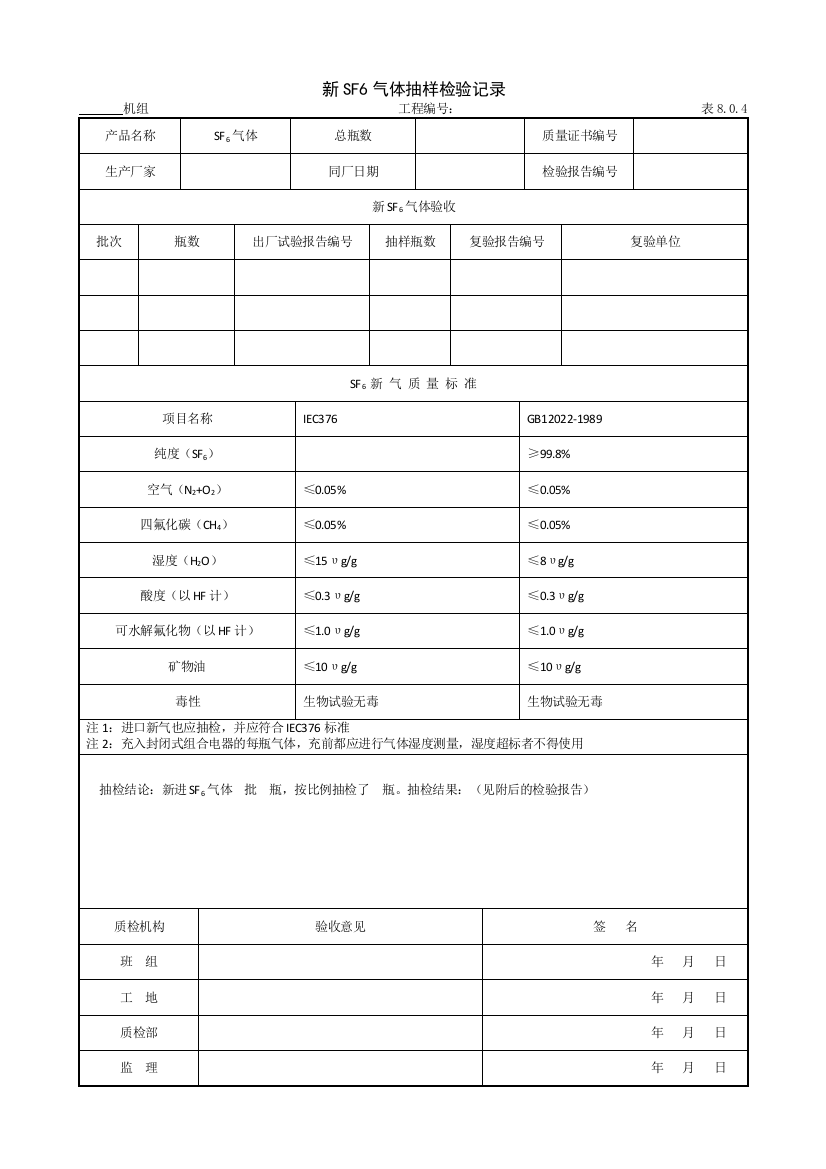 961新SF6气体抽样检验记录