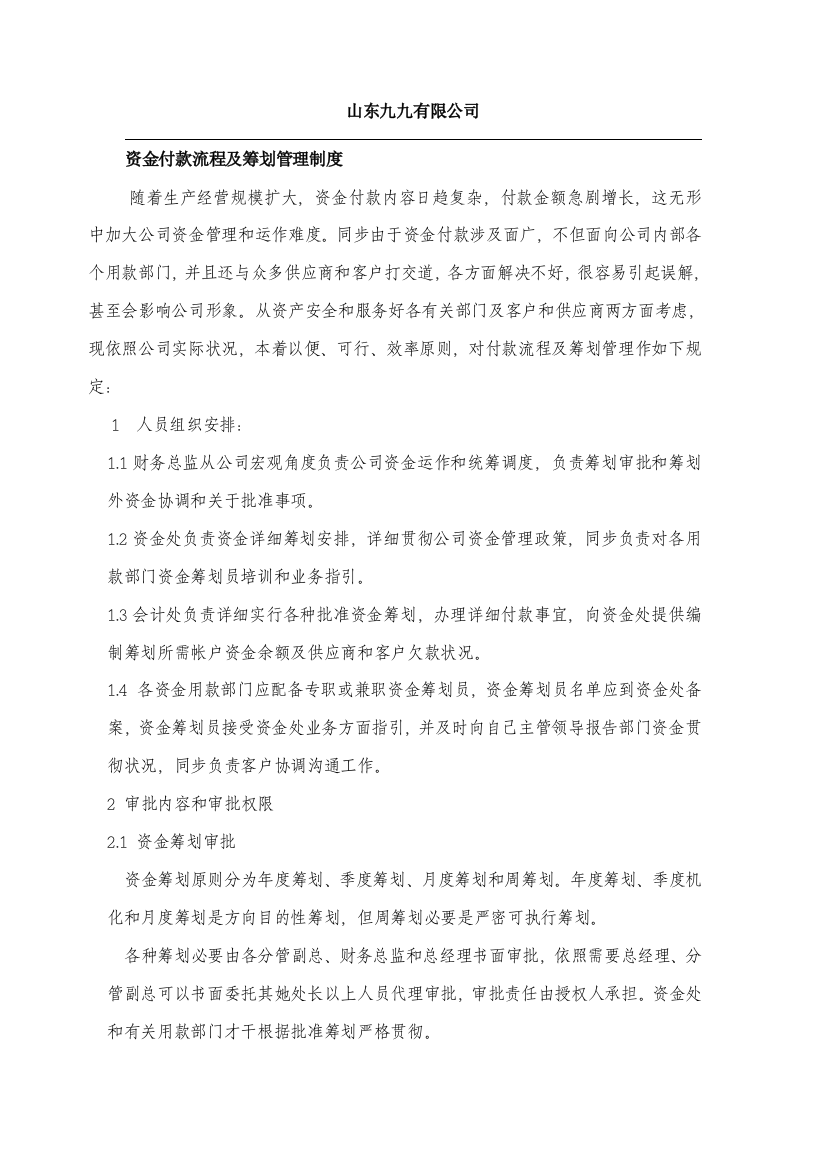 山东有限公司资金付款流程及计划管理制度样本