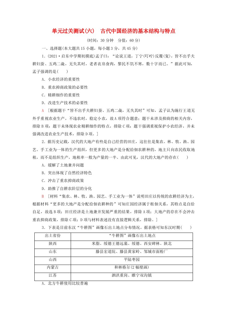 江苏专用2022版高考历史一轮复习单元测试6古代中国经济的基本结构与特点含解析