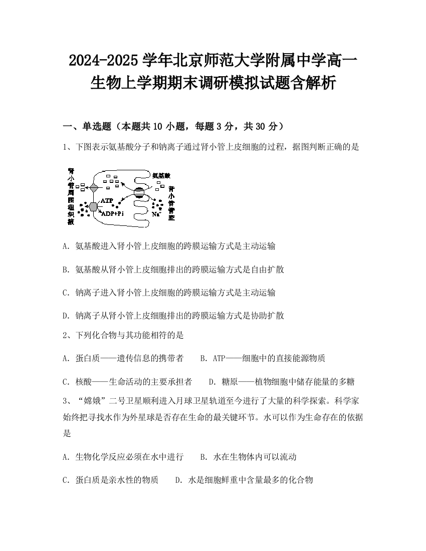 2024-2025学年北京师范大学附属中学高一生物上学期期末调研模拟试题含解析