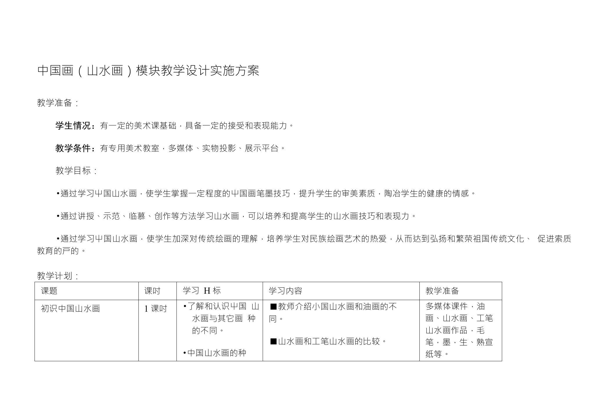 中国画（山水画）模块教学设计实施方案