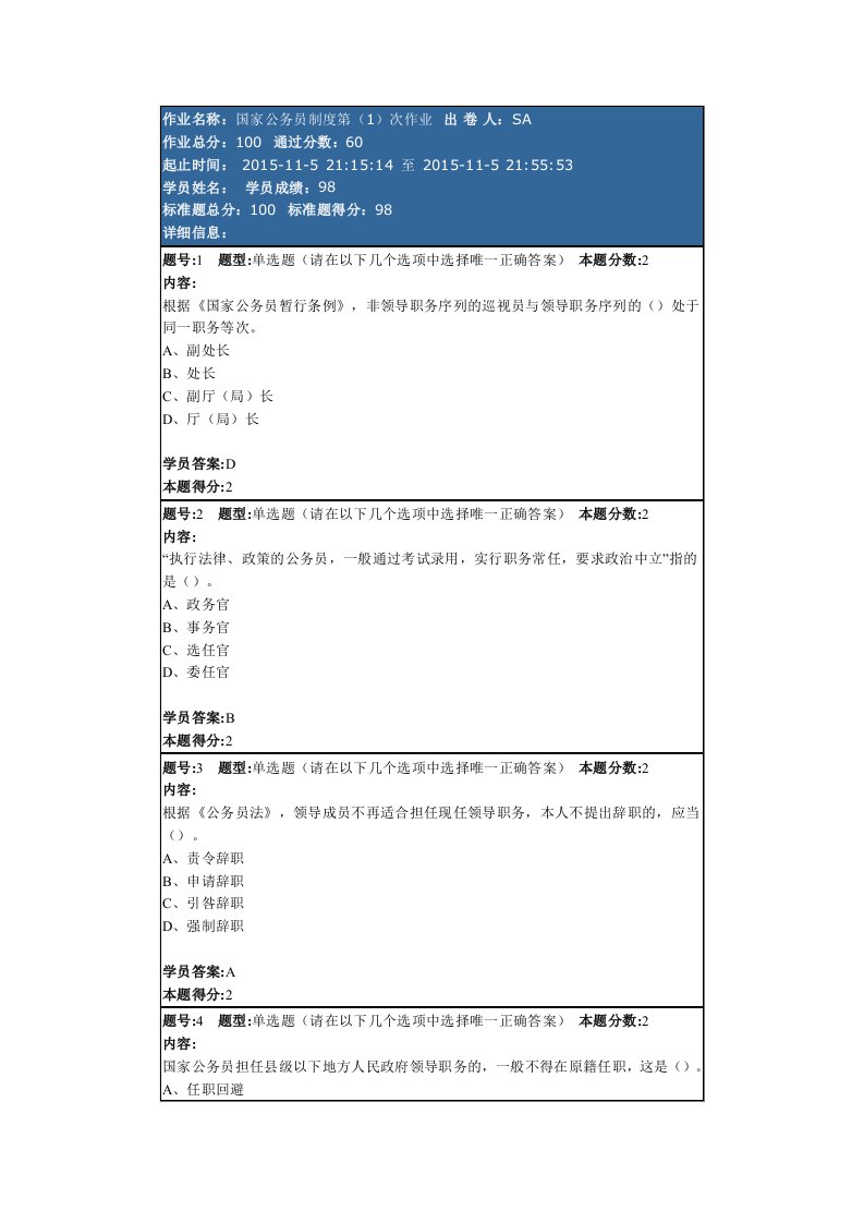 国家公务员制度第(1)次作业-98分