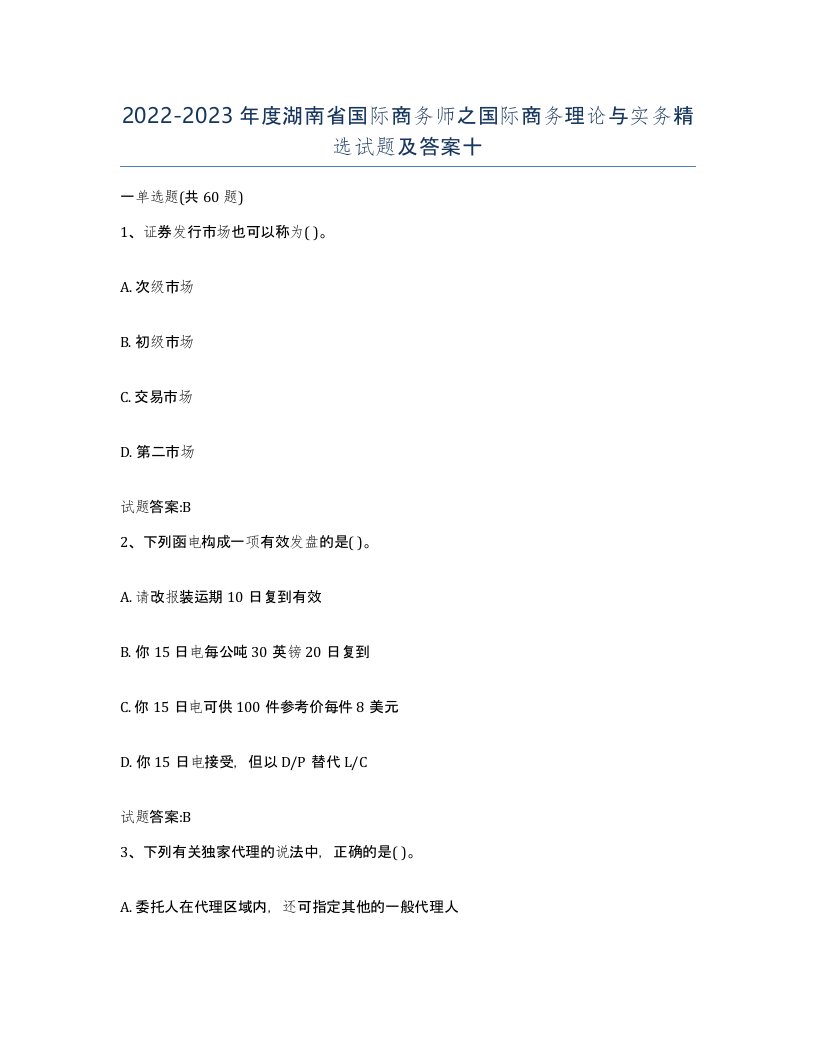 2022-2023年度湖南省国际商务师之国际商务理论与实务试题及答案十