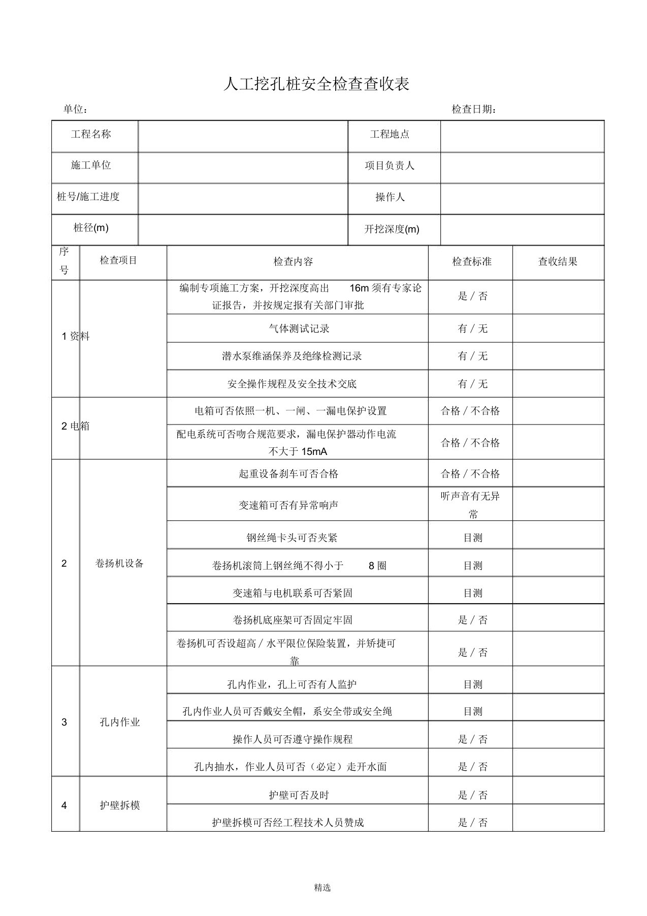 人工挖孔桩安全检查验收表