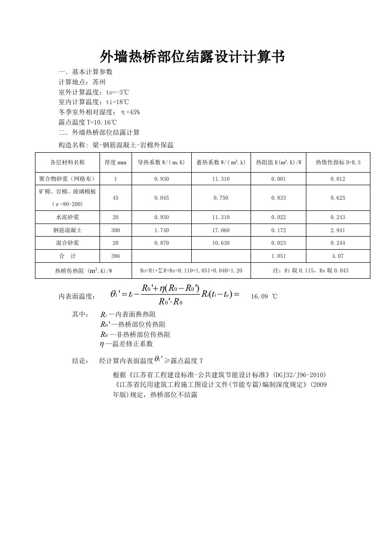 外墙热桥部位结露设计计算书