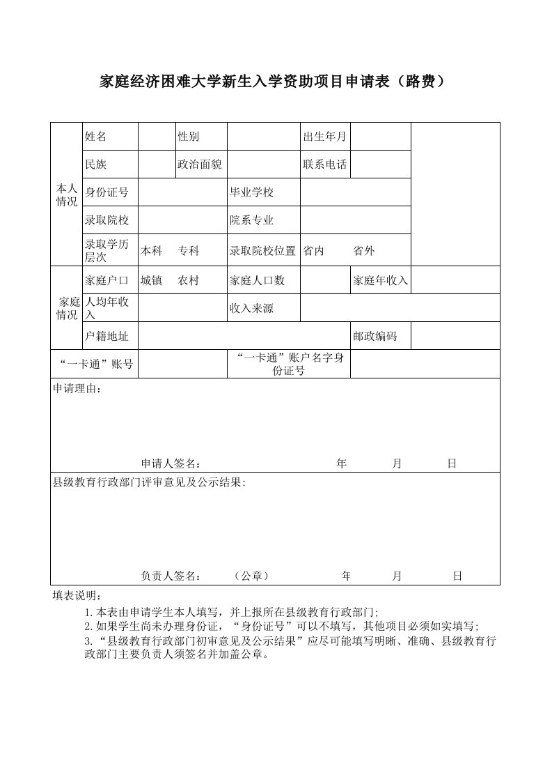 家庭经济困难大学新生入学资助项目申请表(路费)