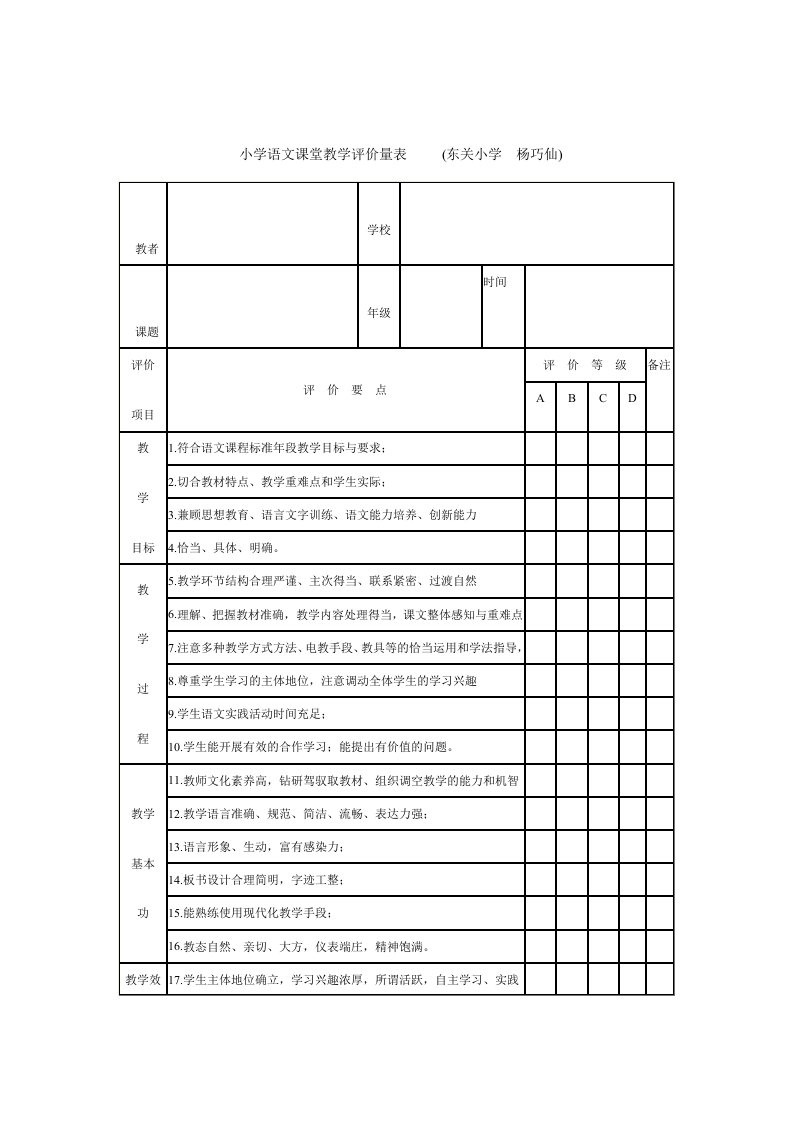 小学语文课堂教学评价量表