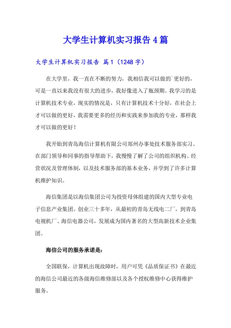 （汇编）大学生计算机实习报告4篇