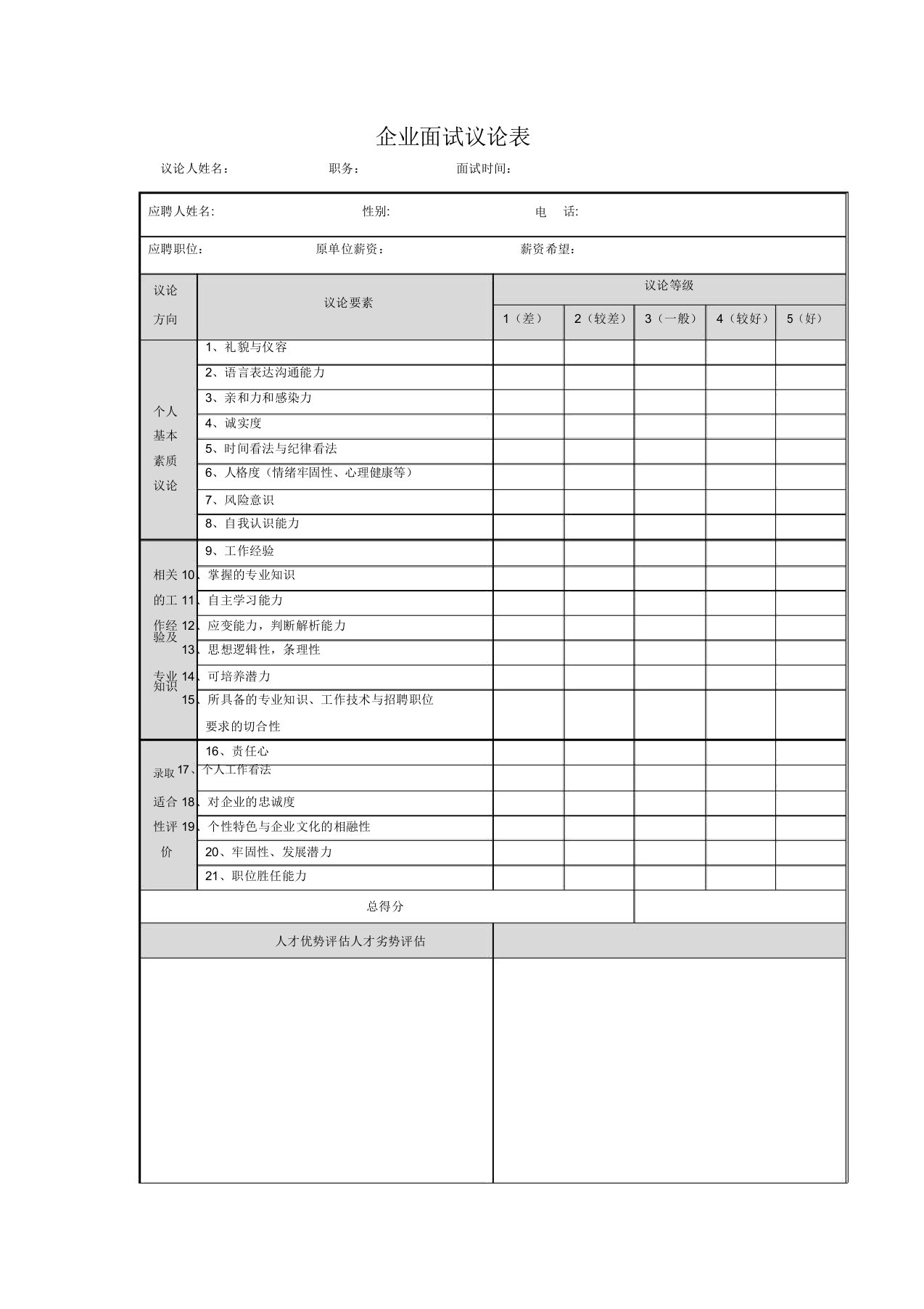 IT技术人员面试评价表格