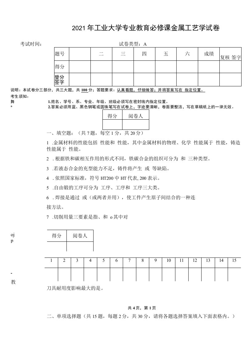 2021年工业大学专业教育必修课金属工艺学试卷（A）及答案