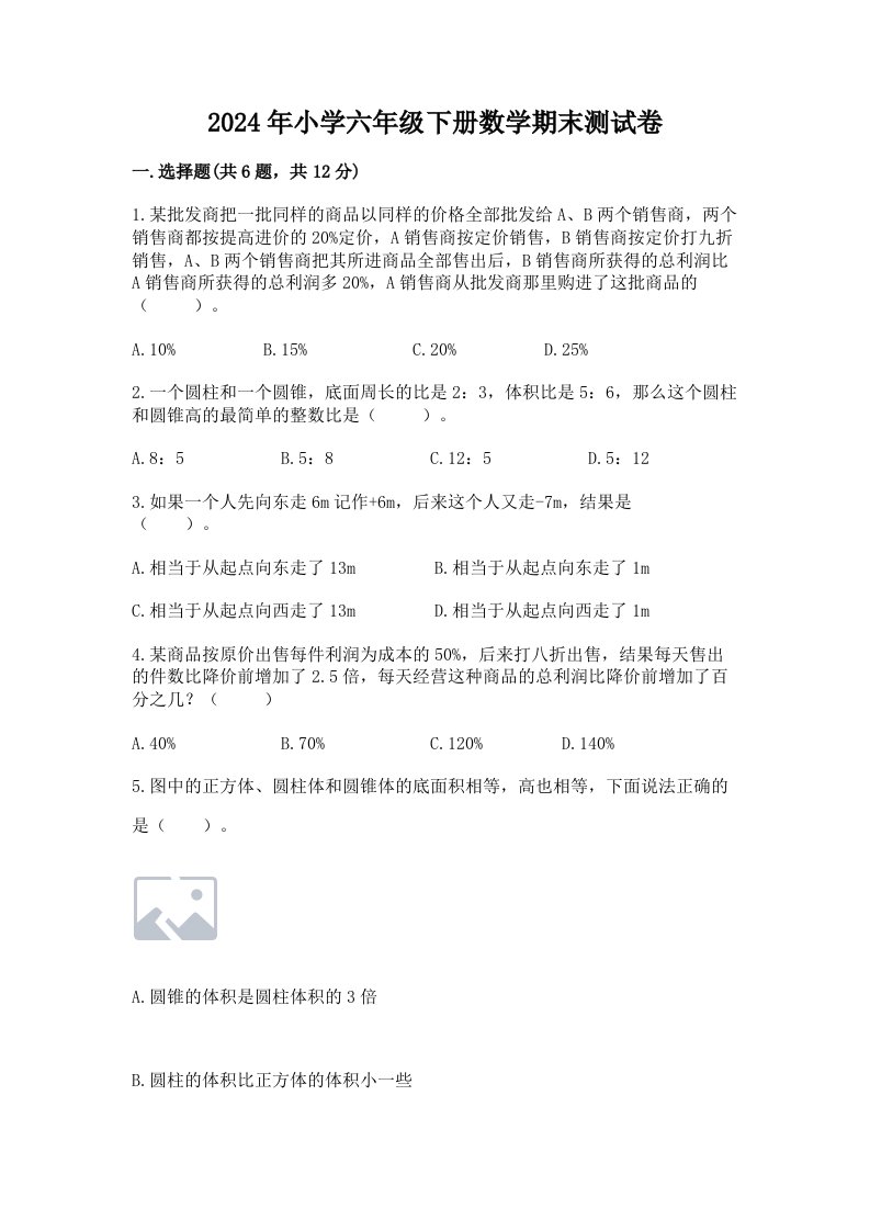 2024年小学六年级下册数学期末测试卷（真题汇编）