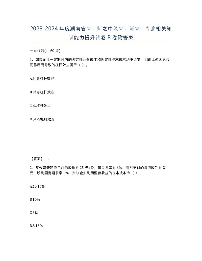 2023-2024年度湖南省审计师之中级审计师审计专业相关知识能力提升试卷B卷附答案