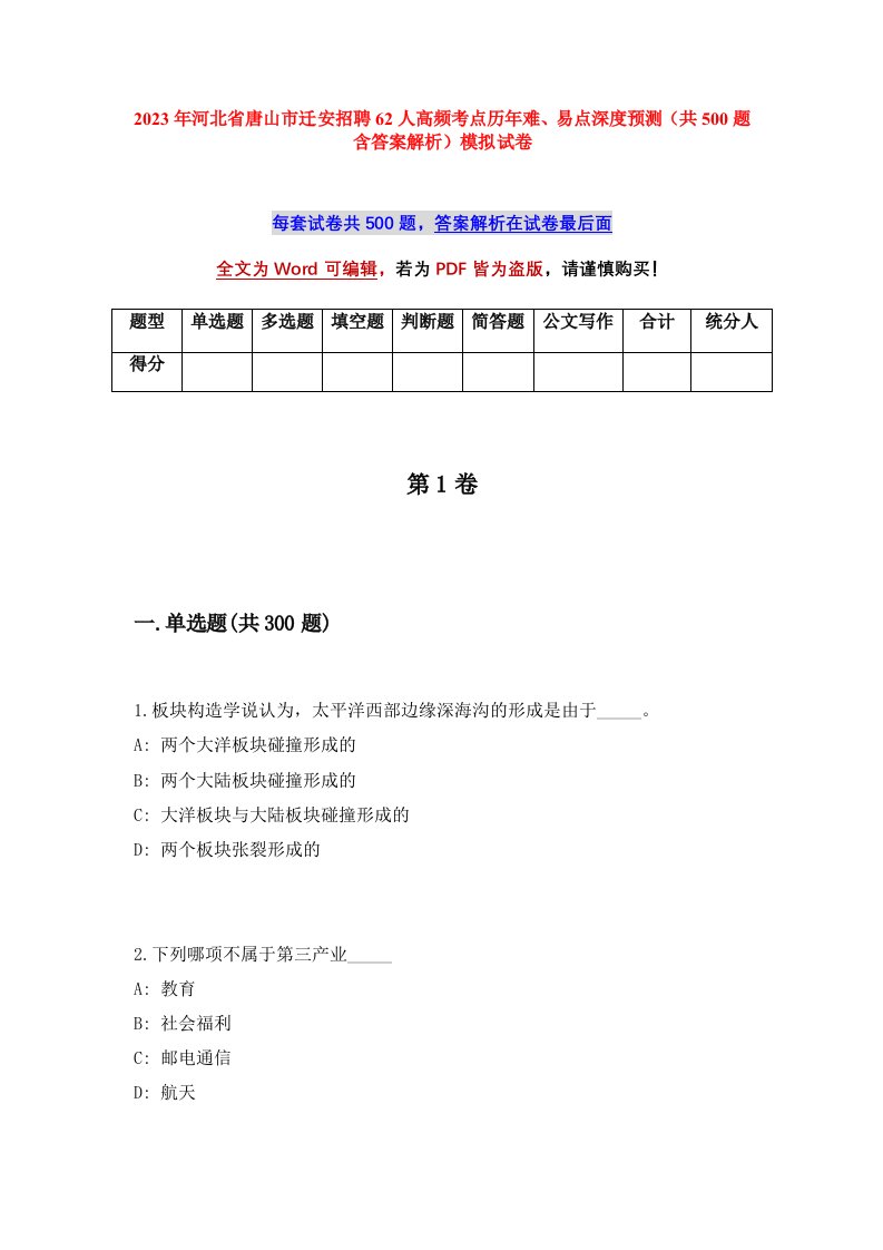 2023年河北省唐山市迁安招聘62人高频考点历年难易点深度预测共500题含答案解析模拟试卷