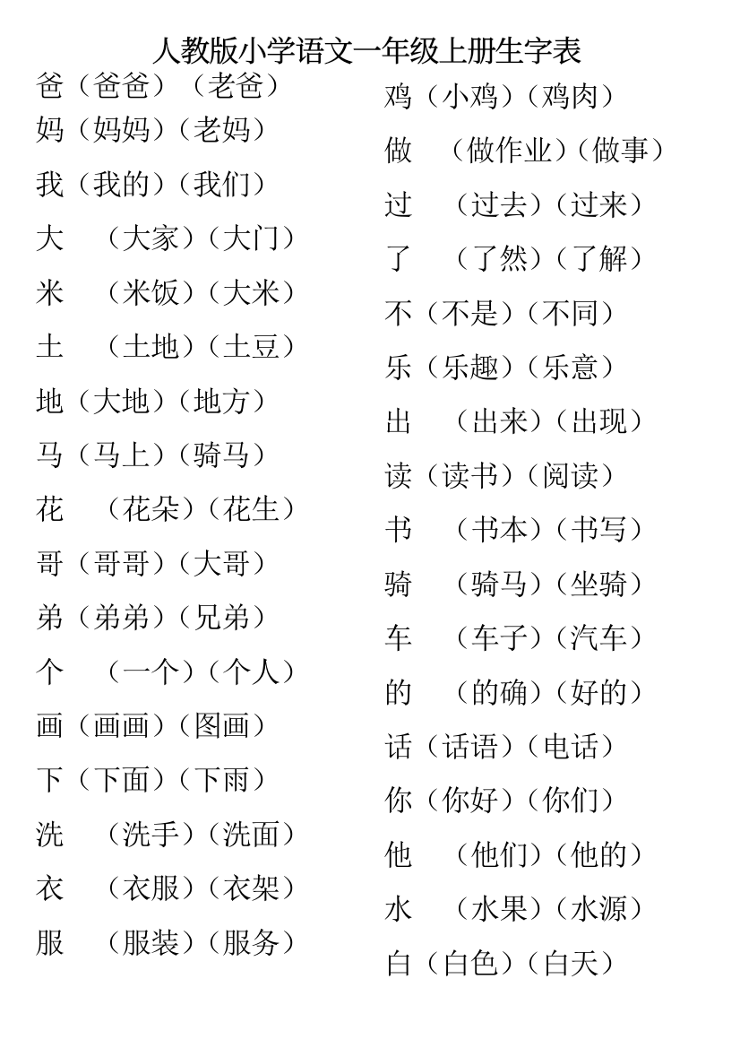 人教版语文一年级上下册全部生字组词