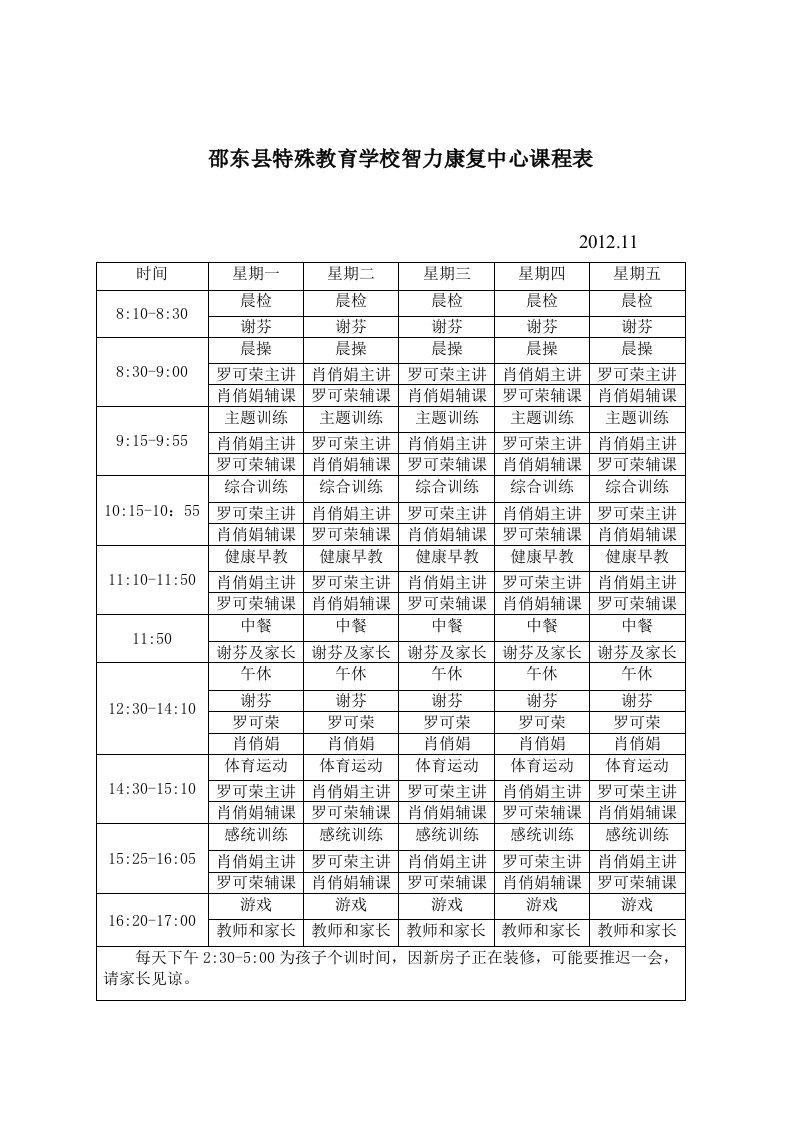 邵东县特殊教育学校智力康复中心课程表