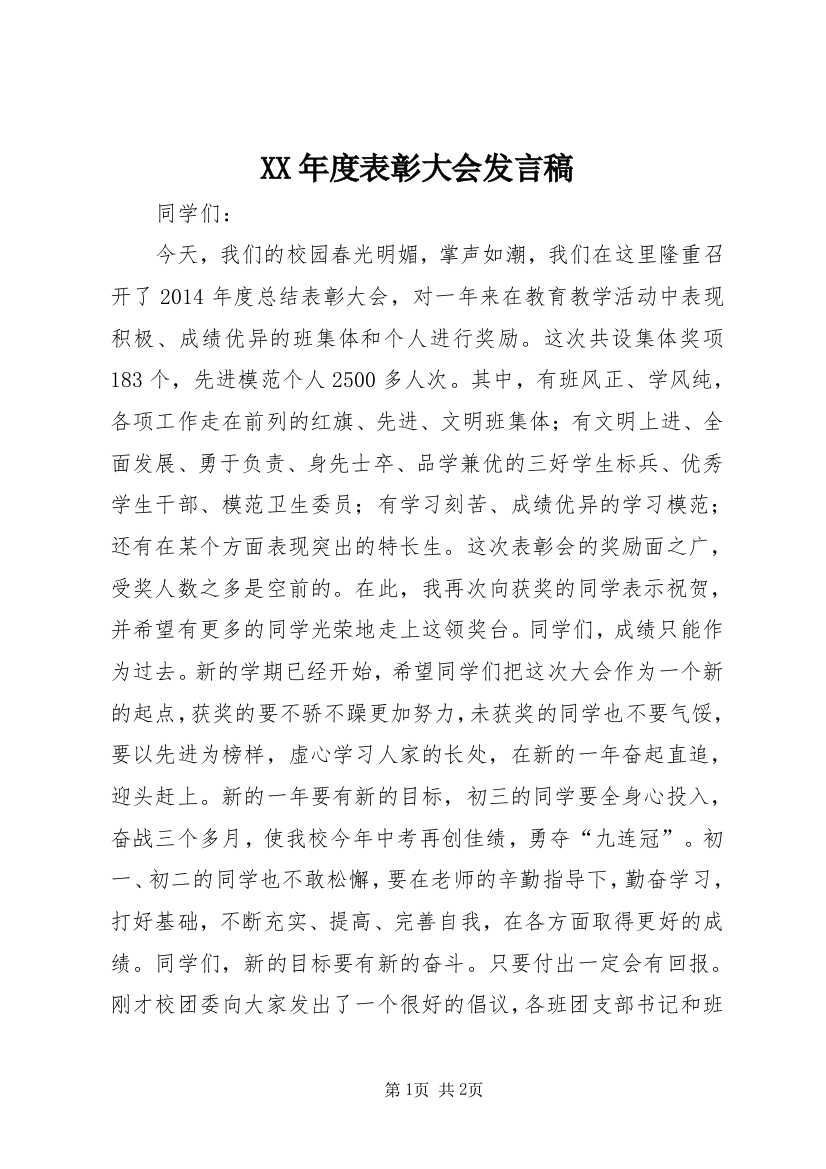 XX年度表彰大会发言稿