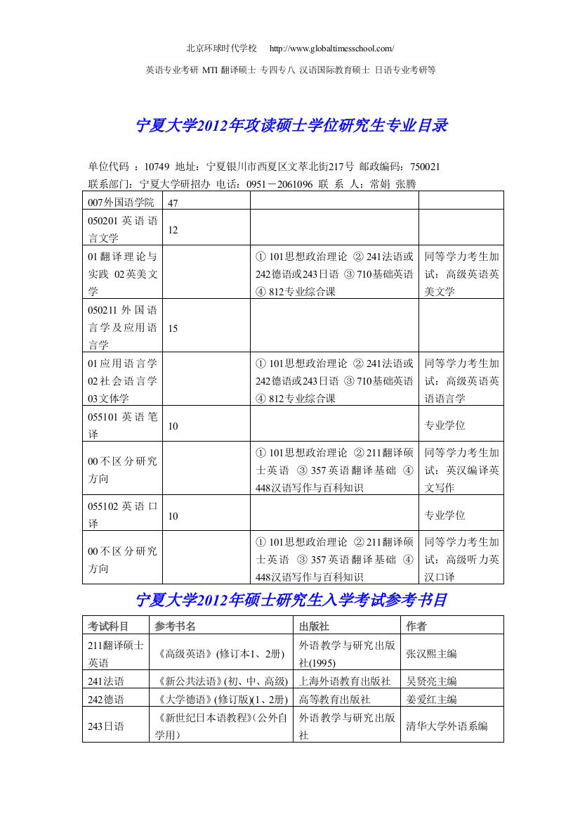 环球时代，宁夏大学，MTI，招生简章，招生目录