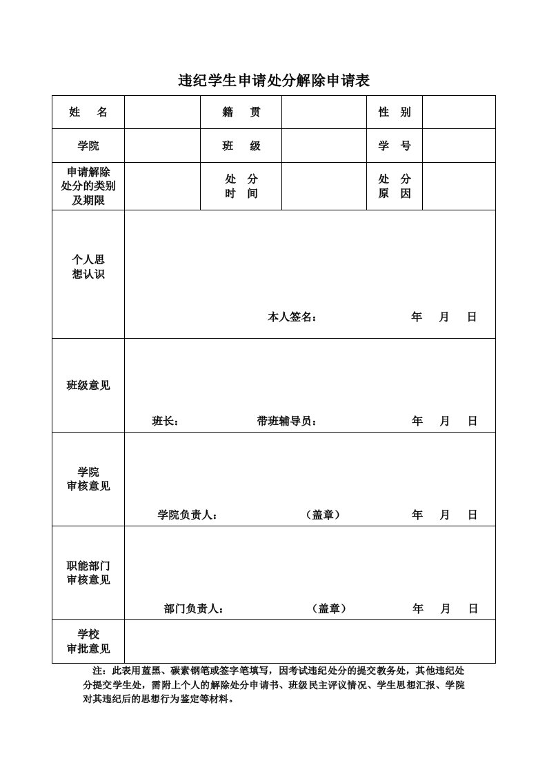 违纪学生申请处分解除申请表