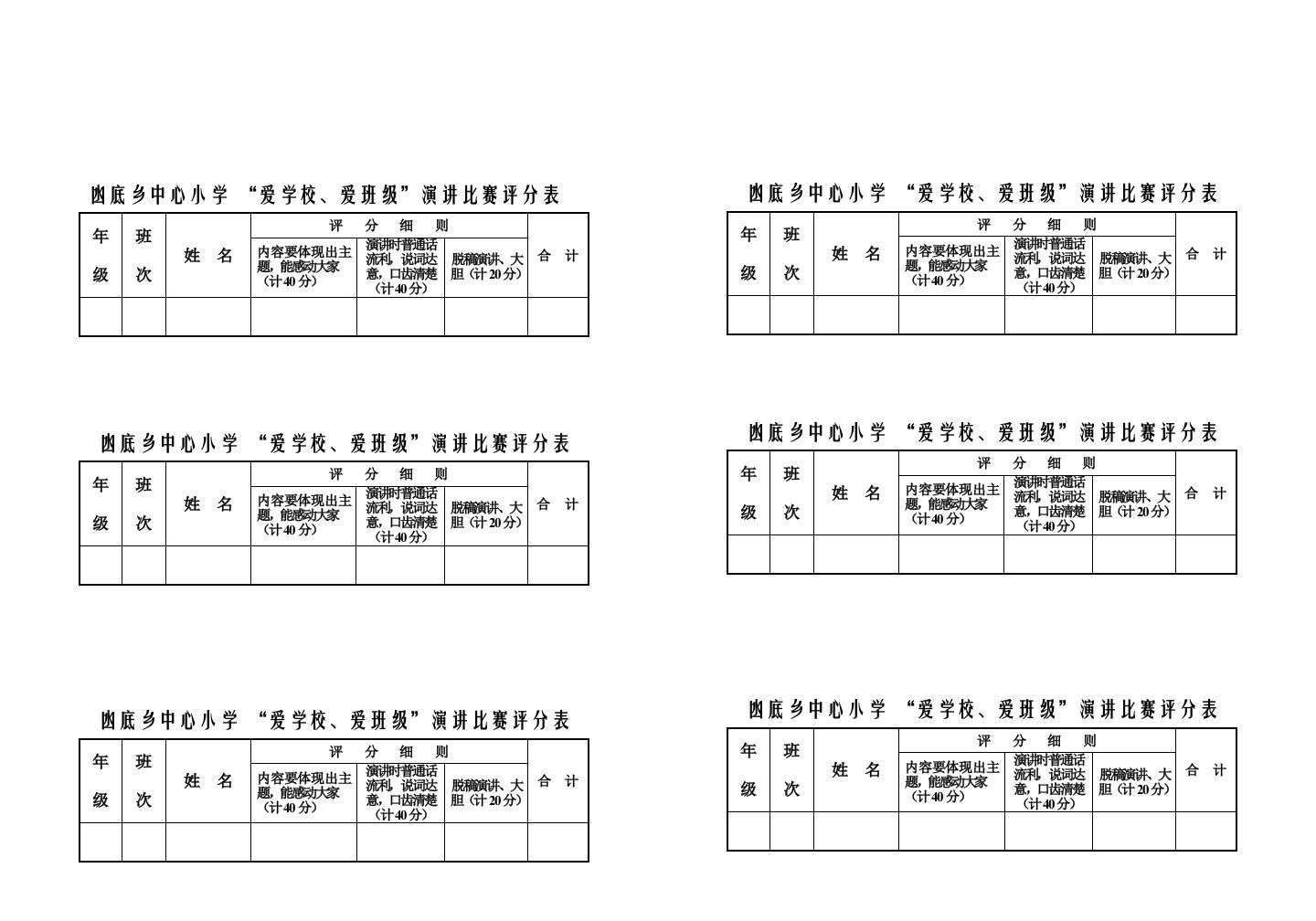 凼底乡中心小学“师德师风”演讲比赛评分表、统分表
