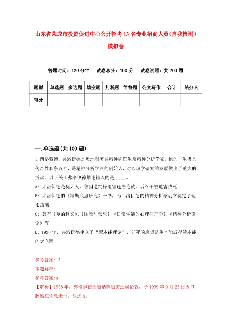 山东省荣成市投资促进中心公开招考13名专业招商人员自我检测模拟卷8