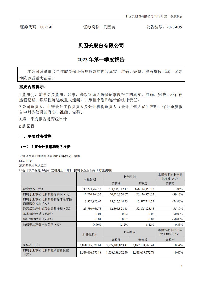 深交所-贝因美：2023年一季度报告-20230429