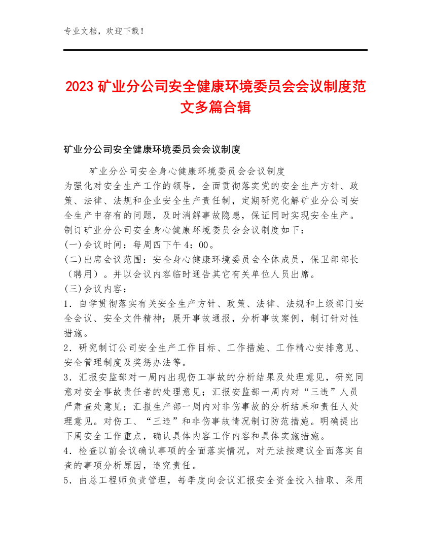 2023矿业分公司安全健康环境委员会会议制度范文多篇合辑