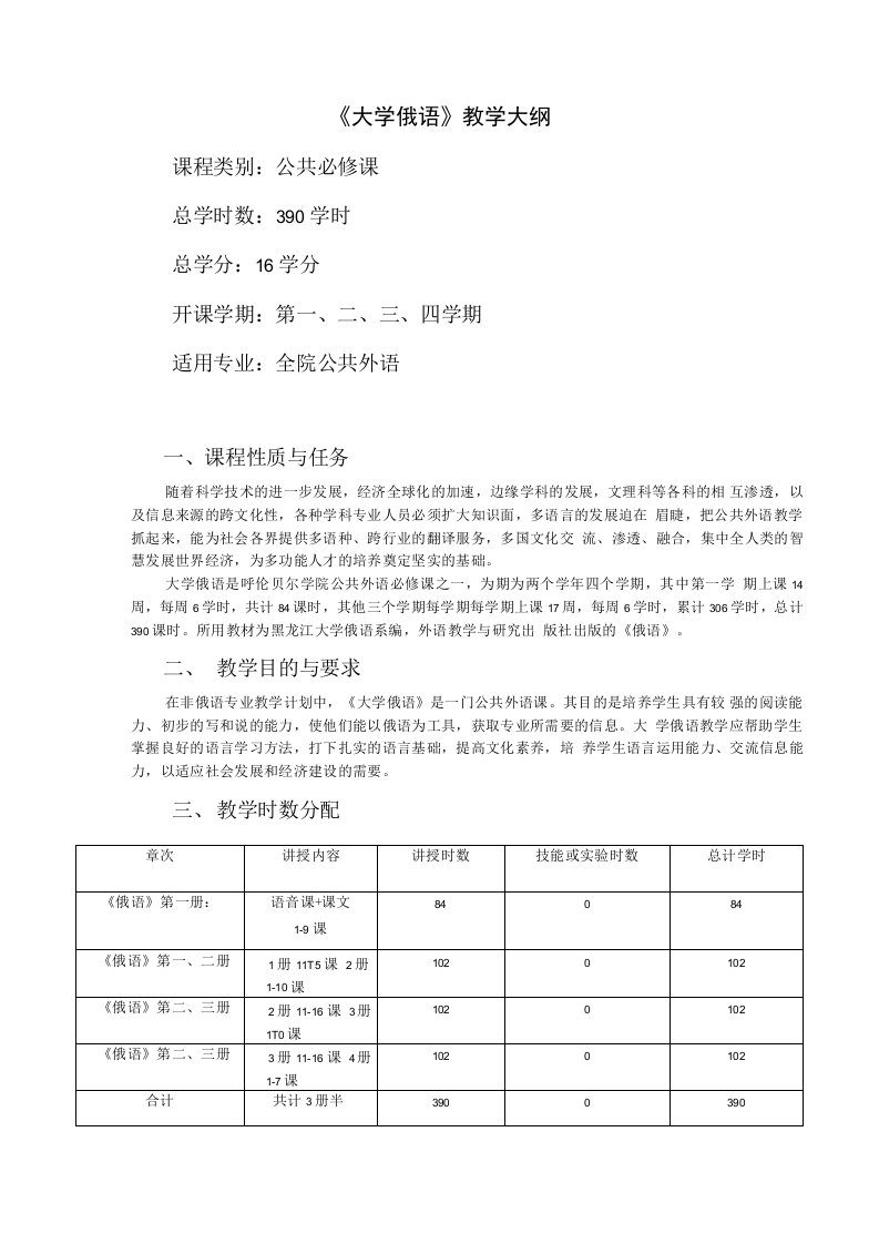 《大学俄语》教学大纲(共享)