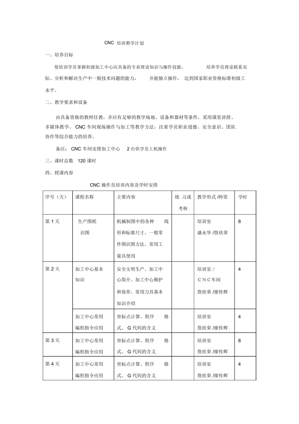 加工中心培训教学计划