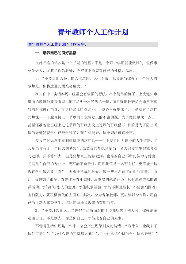 青年教师个人工作计划