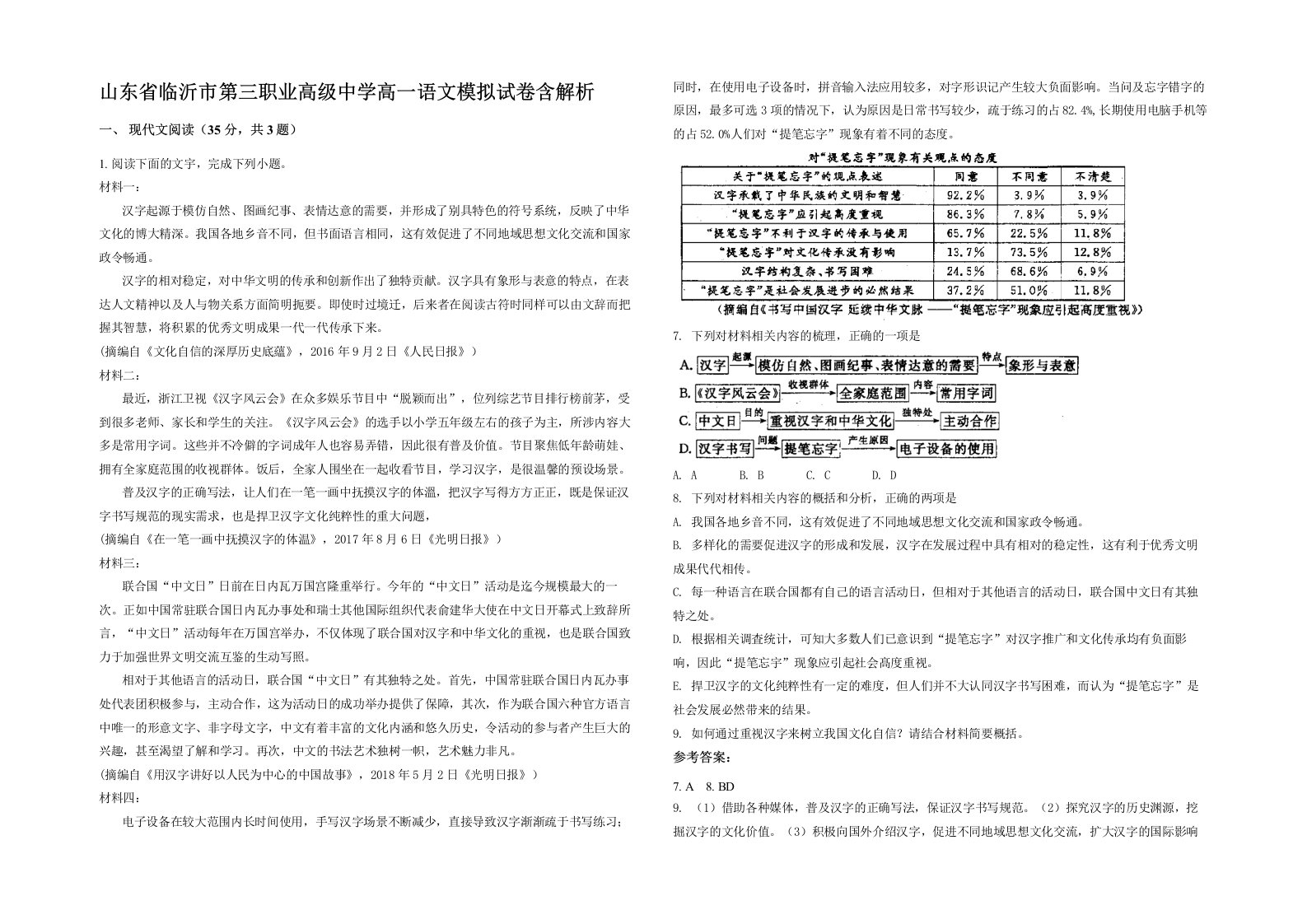 山东省临沂市第三职业高级中学高一语文模拟试卷含解析