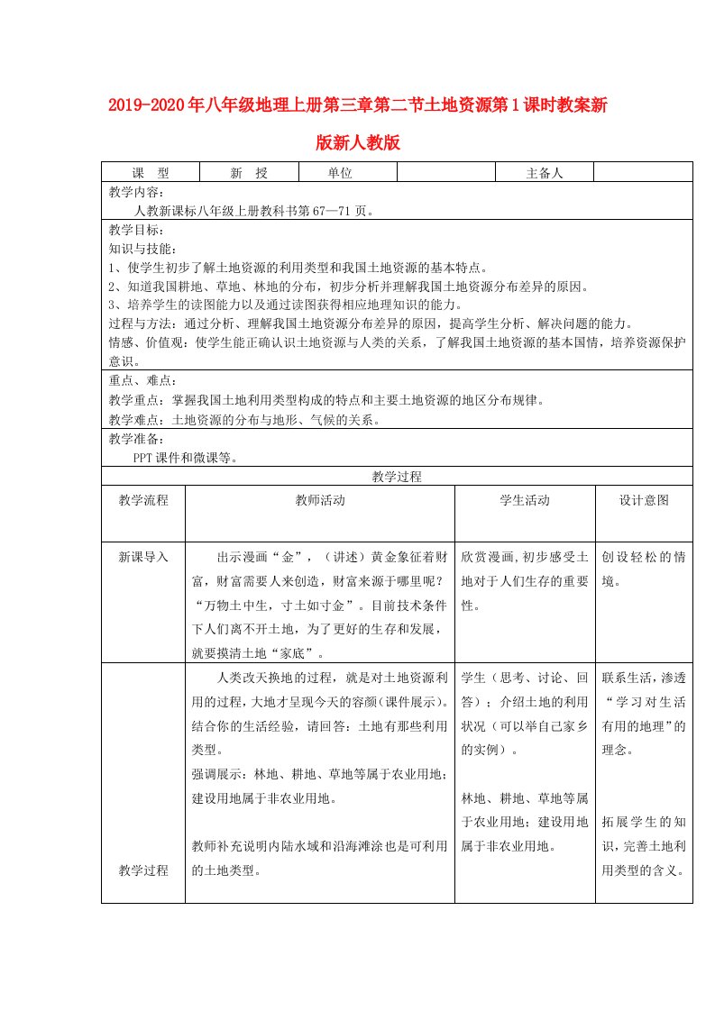 2019-2020年八年级地理上册第三章第二节土地资源第1课时教案新版新人教版